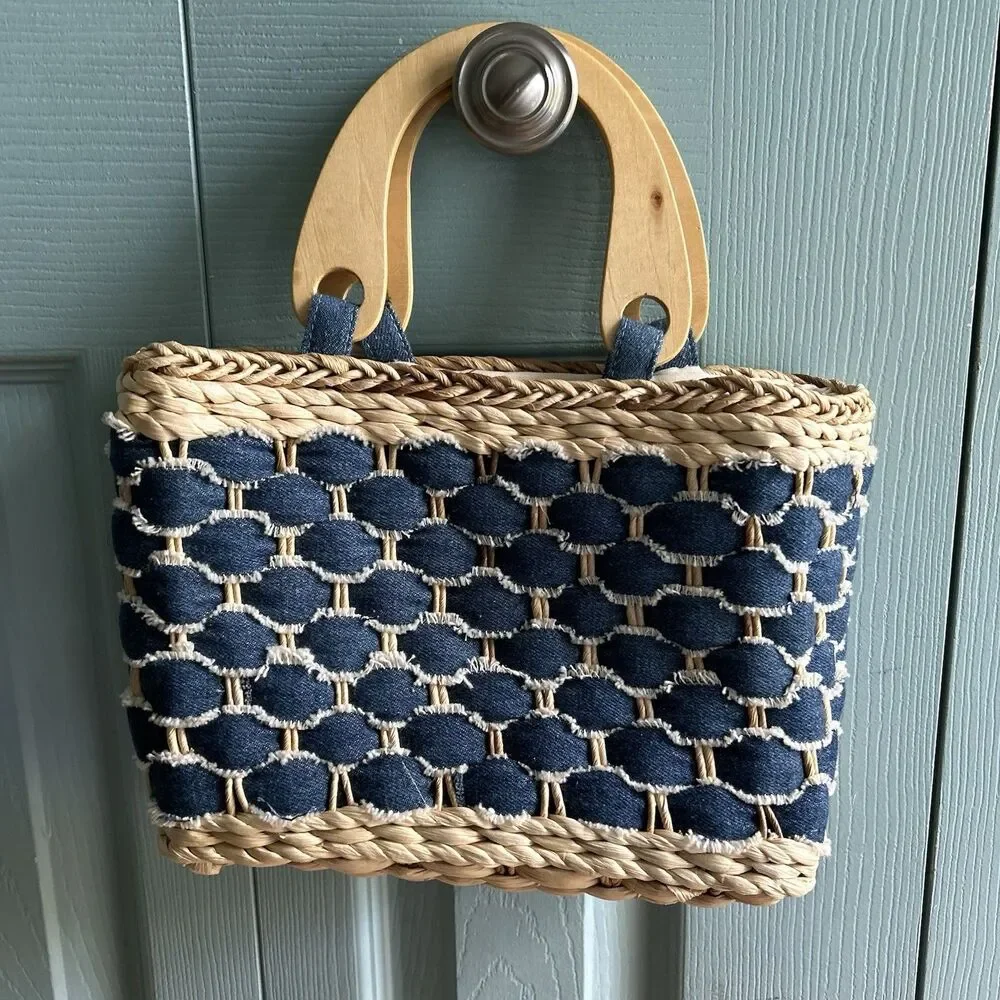 Faded Glory Woven Paper & Denim Mini Purse Wood Handle